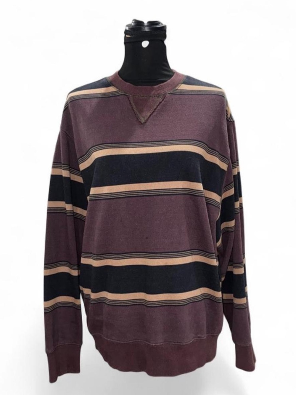 Urban Outfitters Men's Crewneck Sweater in Plum, Black and Tan Stripes